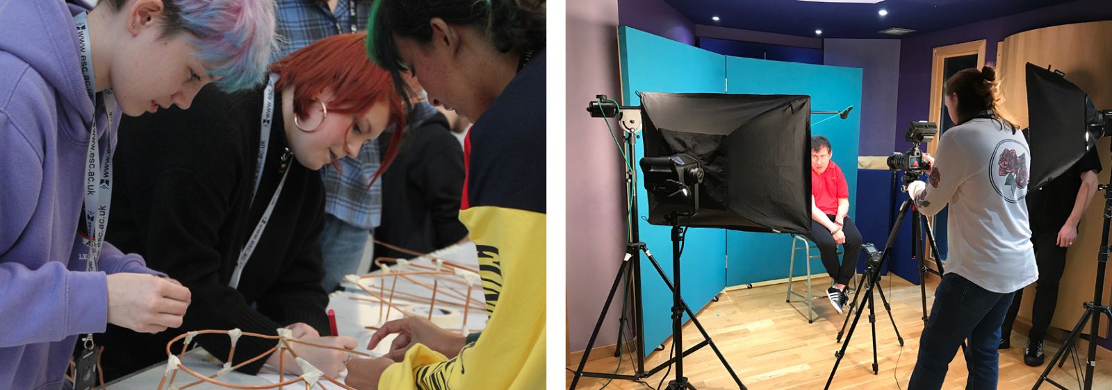Students working + person being photographed in Photography studio