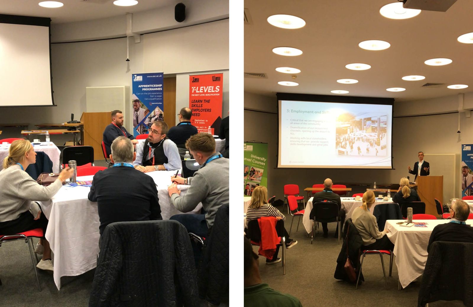 (Left) Tutors networking with employers (Right) Gareth Sear, leading presentation on Gatwick Airport.