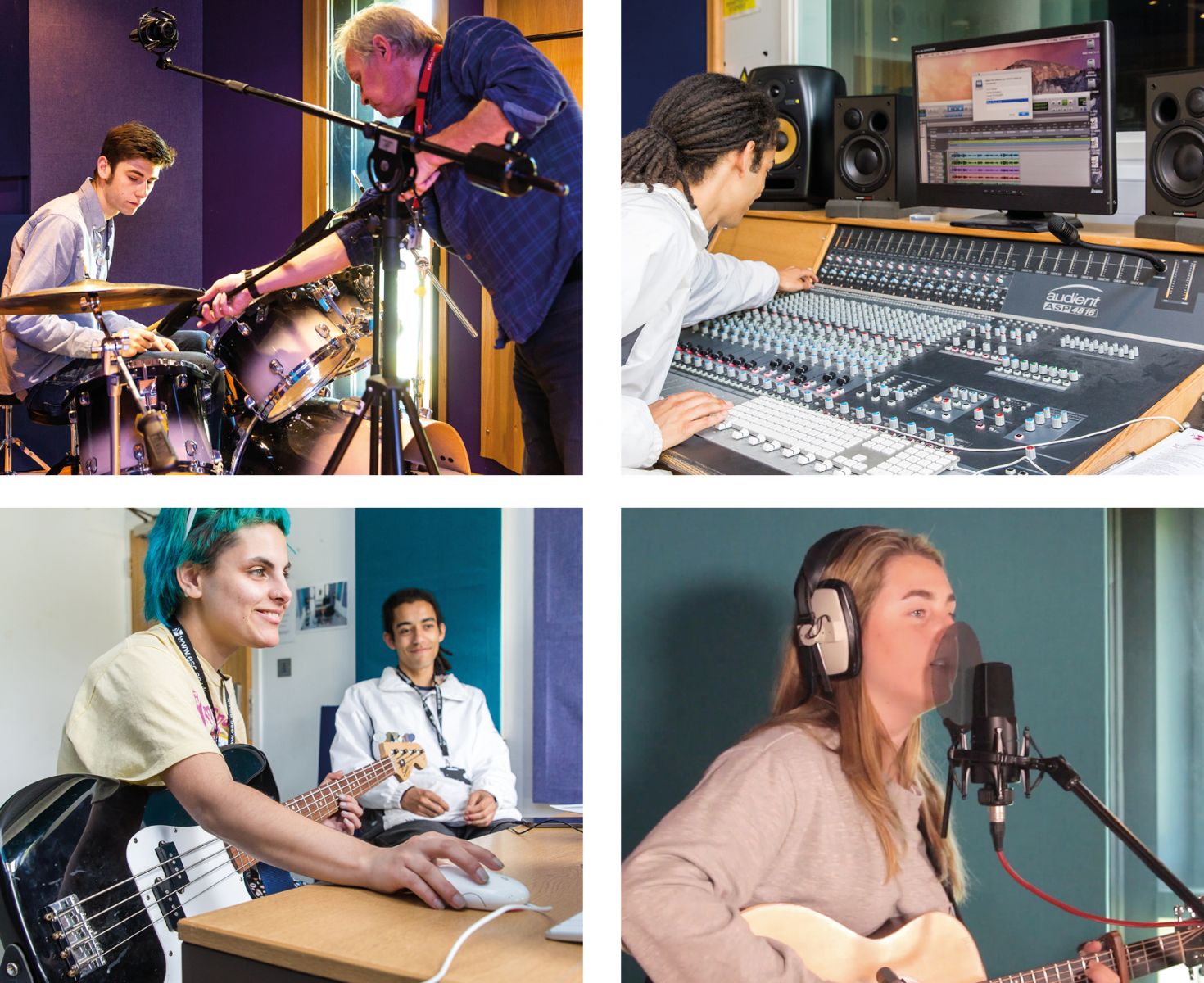 Four images of students in recording and production studios