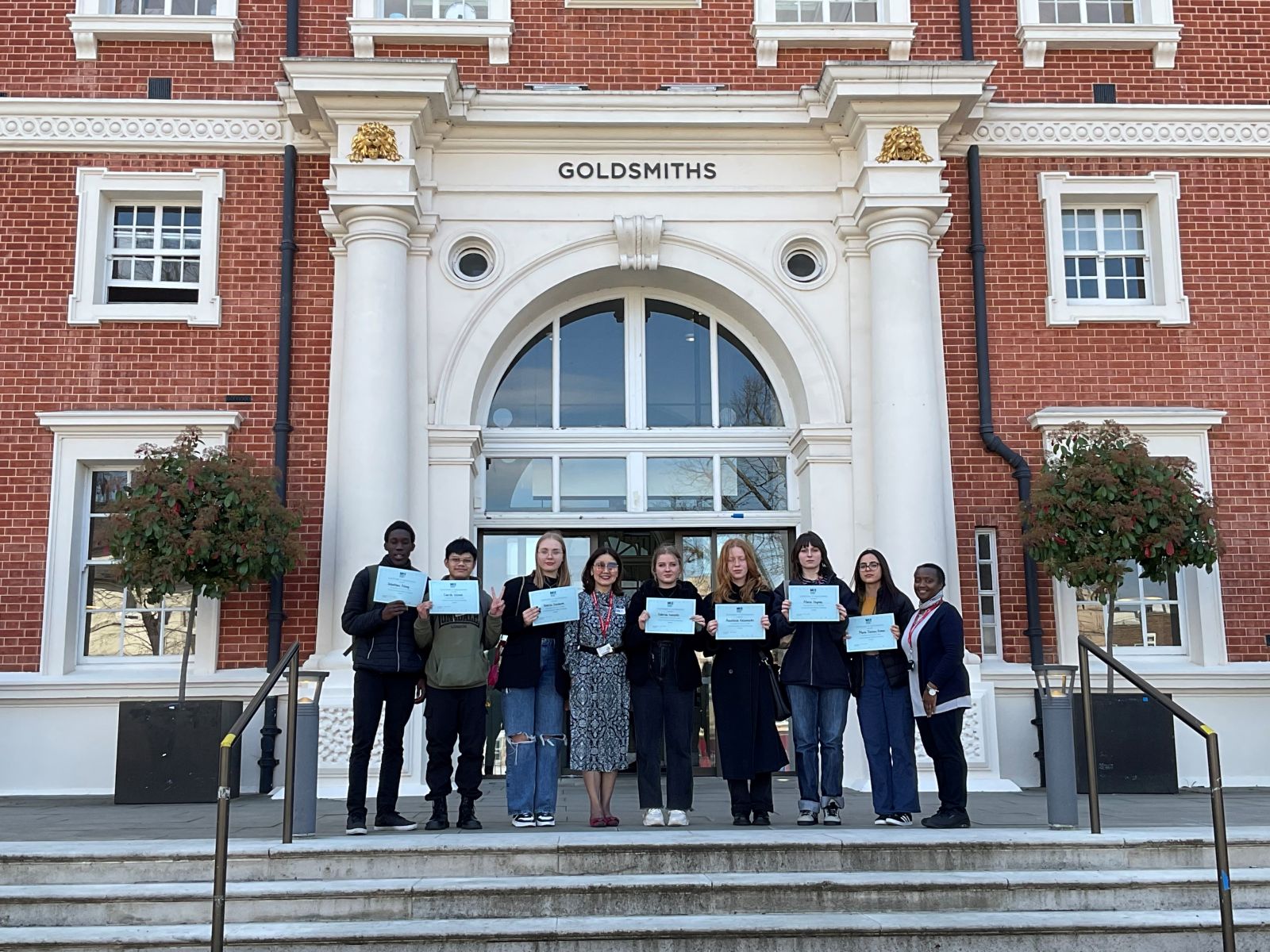Students from East Surrey College outside Goldsmith's University