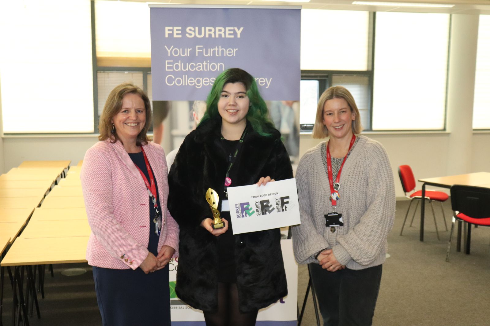 Charlotte pictured alongside her Lecturer Zoe Lodge and Lindsay Pamphilon CEO & Principal