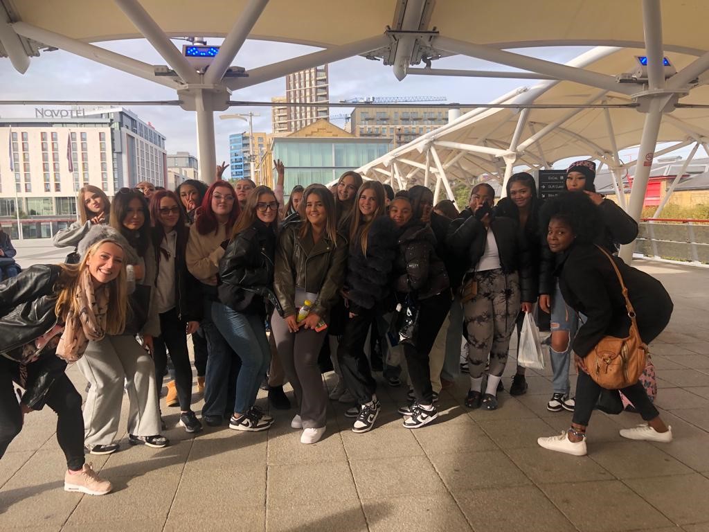 Students outside the Excel centre in London