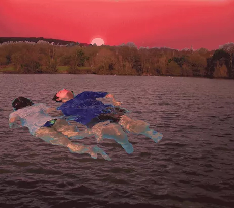 Image from Maeve's film showing a man and woman floating on their backs in a lake with the sunset behind them